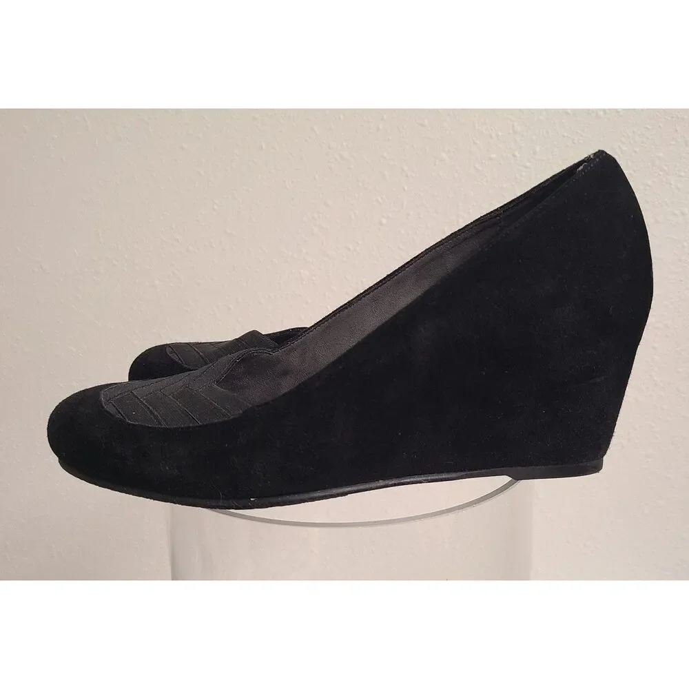Stuart Weitzman Black Suede Wedge‎ Heels US 7.5 Royal Classic Pumps Quiet Luxury - Picture 2 of 7